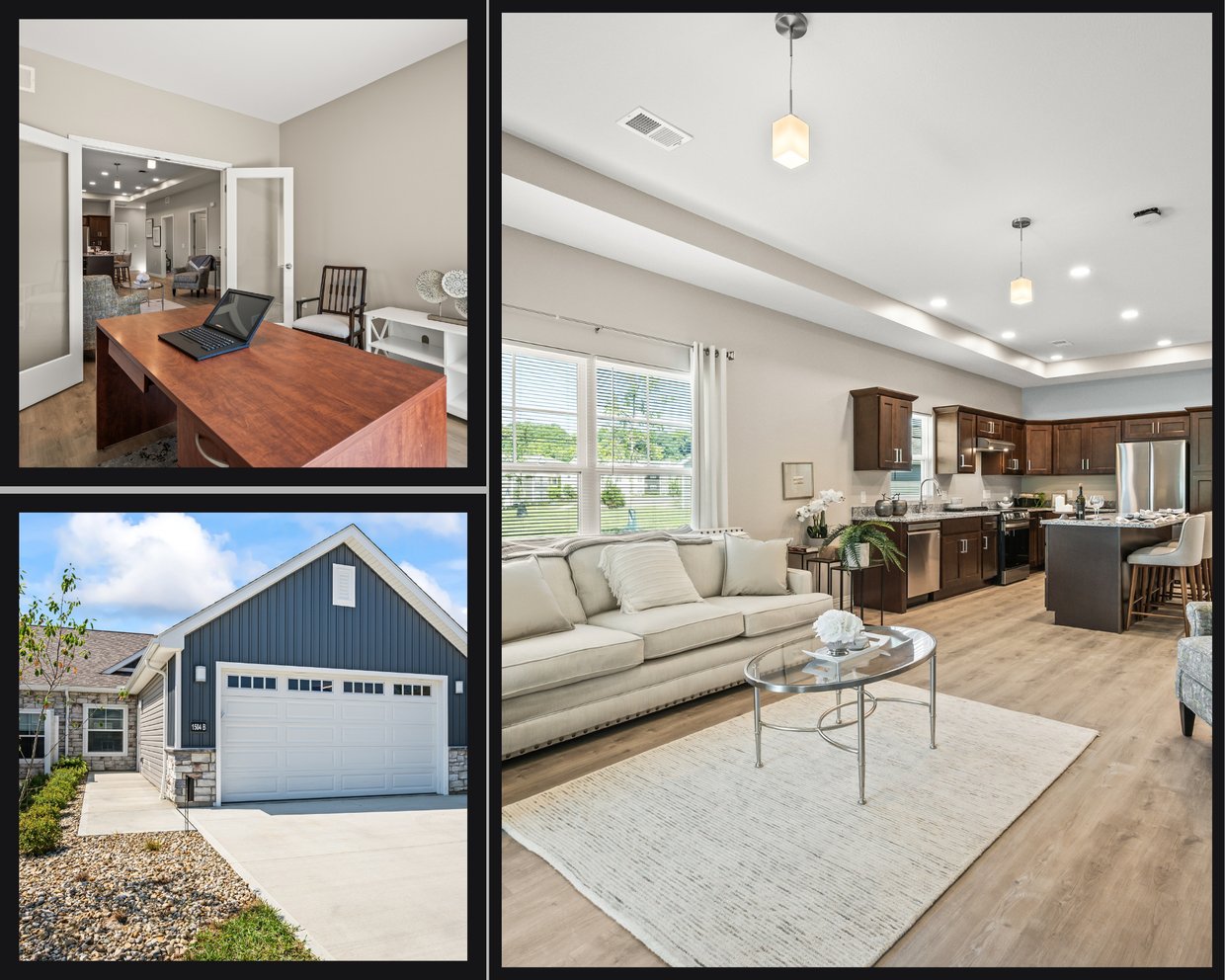 Villa home office, exterior, and open-concept kitchen and living room at Kingsbury Living in Lancaster, Ohio